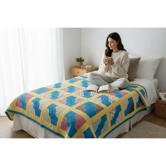 Vintage 1965 Handmade Friendship Quilt Embroidered Signed‎ Patchwork Blue Yellow