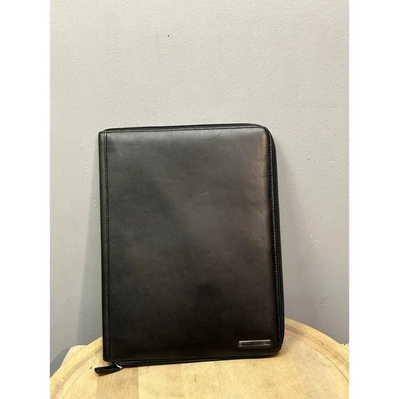 Calvin Klein CK Black Faux Leather Zip Portfolio Padfolio Organizer Case Office