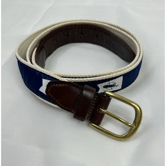 YRI Ribbon Belt Nantucket Burgee Leather Tab Brass Buckle Men's42 Navy Blue Read