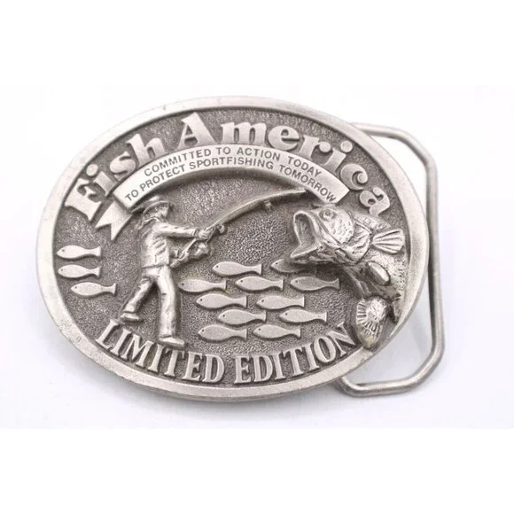 Fish America Belt Buckle Oval Design Sportfishing Pewter Ltd Edt USA Made Vtg