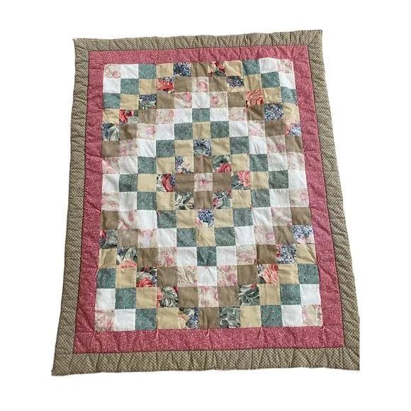 Floral pieced tied quilt pink Trip Around the World 1shabby chic lap blanket 36