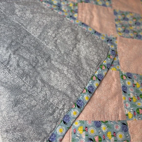 Handmade Baby Quilt - Cotton Calico Print - Peach and Blue Patchwork