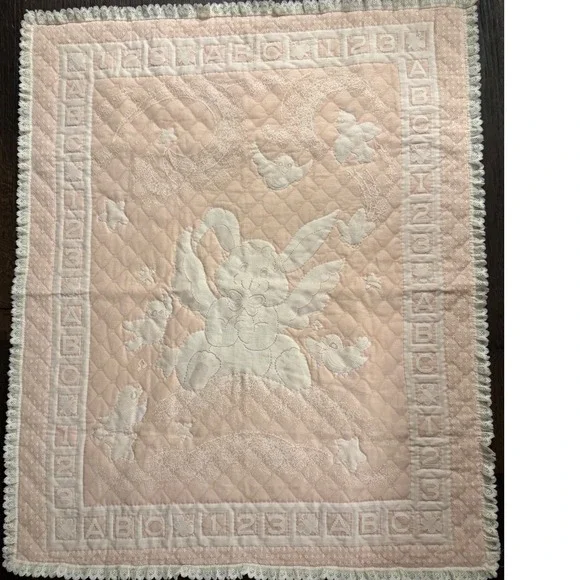 Vintage Handmade Baby Quilt Pink Bunny Rabbit ABC 123 Lace Trim Blanket 36 X 44