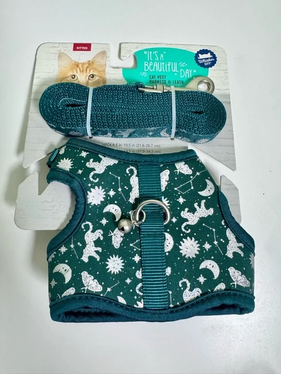 Teal Cat Harness & Leash Set with Celestial Cat Print