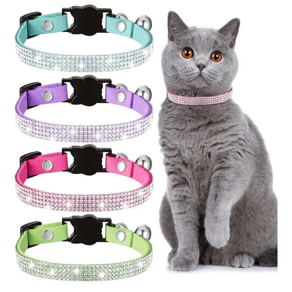 Set of 4 - Soft Velvet & Rhinestone Breakaway Cat Collars with Bell