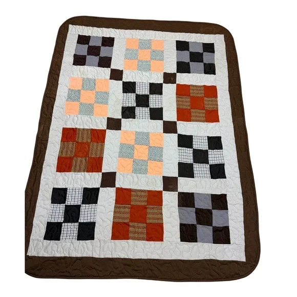 Handmade Patchwork Quilt Brown Orange Plaid Blanket 60