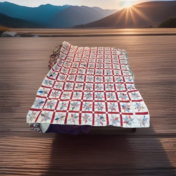 READ Vintage Handmade Star‎ Patchwork Quilt 59x79 Red White Multicolor Cotton