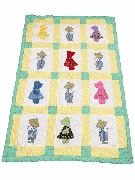 Vintage Handmade Sunbonnet Sue Quilt Blanket 55x39 Cottagecore