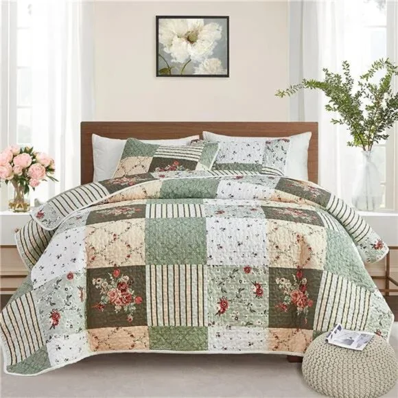 Quilt Set Full/Queen Size, 3 Pieces Green Floral Plaid Summer