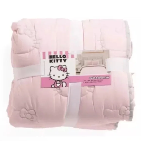 HELLO KITTY Pink Quilt & Sham TWIN Bedding In Ribbon Bedroom Sanrio 66