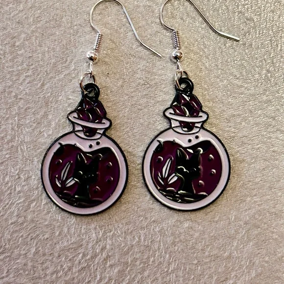 Cat Potion Bottle Enamel Pendant Earrings - Purple