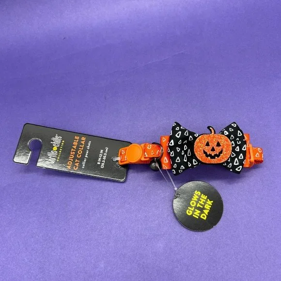 Thrills & Chills Glow In The Dark Halloween Cat Collar Bow w/Pumpkin XS 8.5-12