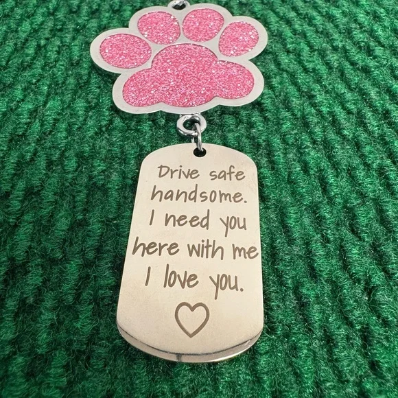 Pink Paw Keychain with Engraved Dog Tag - 