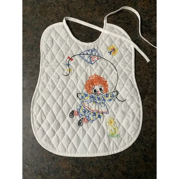 VINTAGE Hand Stitched RAGGEDY ANNE Baby Bib Quilted EMBROIDERED Cross Stitch