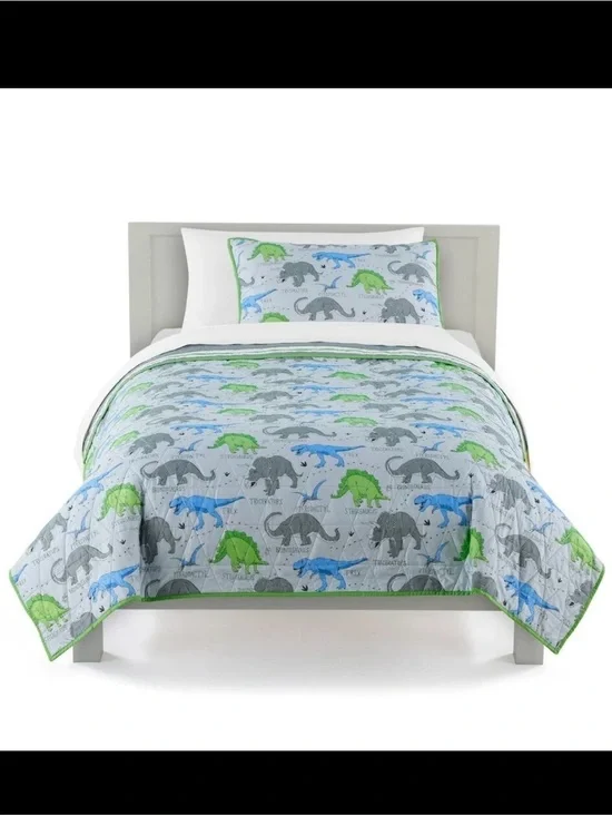 Kids Reversible Dinosaur Quilt Set in Blue & Green