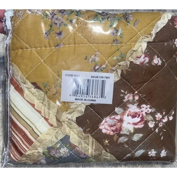 NEW PATCHWORK Pair STANDARD PILLOW SHAM BROWN PINK YELLOW QUILTED‎ SHABBY Chic