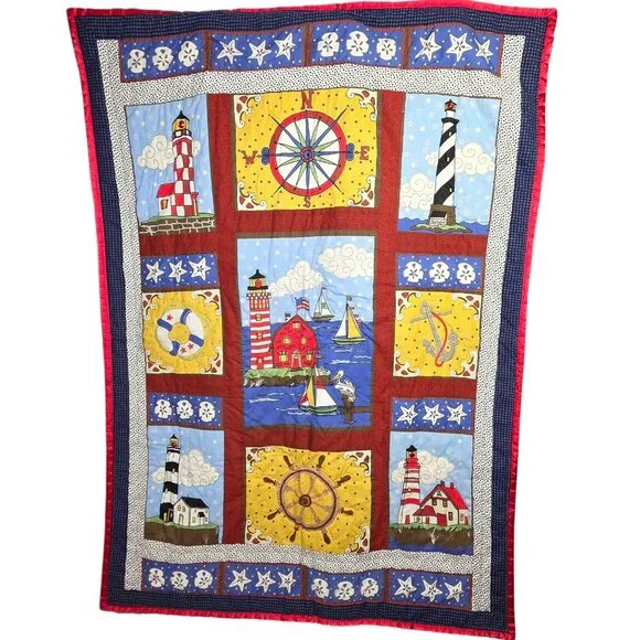Vintage Peking Handicraft Nautical Quilt Wall Hanging 50x70 Lighthouse Numbered