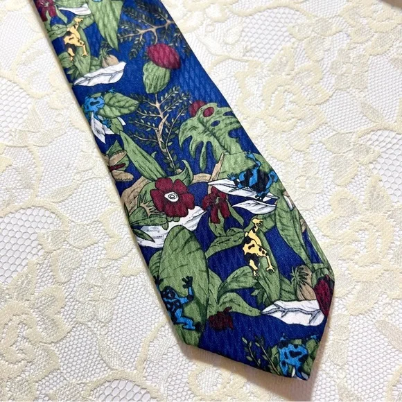 Vintage JB Herringbone Kids Boys Jungle Navy Tree Frog Plant Tie