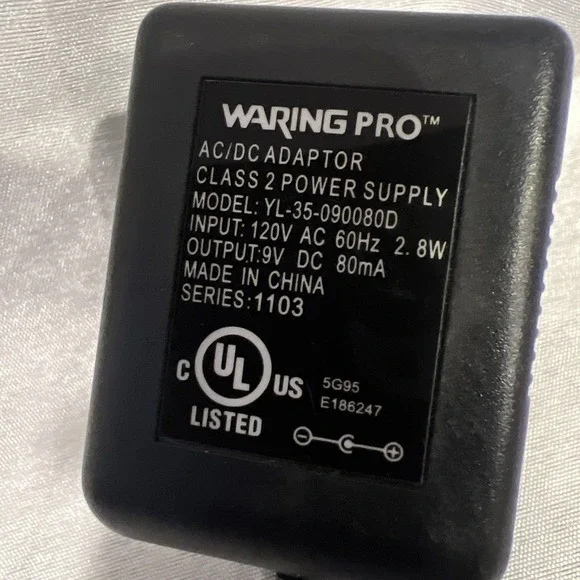 Waring Pro AC/DC Adapter Model YL-35-090080D 9V DC 80mA Series 1103