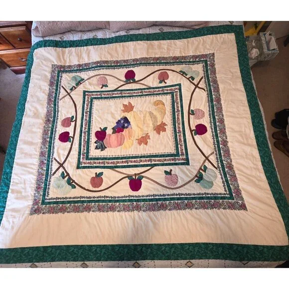 Vintage Fall Applique Quilt Throw Blanket Hanging Cornucopia Apple Floral 55x60