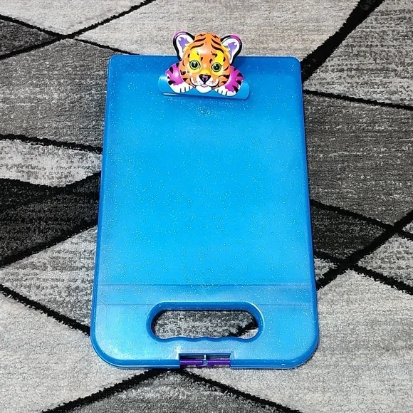 VINTAGE LISA FRANK BLUE SILVER SHIMMER SHINE ENCLOSED TIGER CLIP-BOARD P…