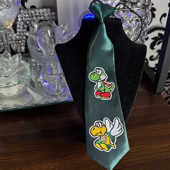 Green Satin Tie with Yoshi and Koopa Troopa Patches