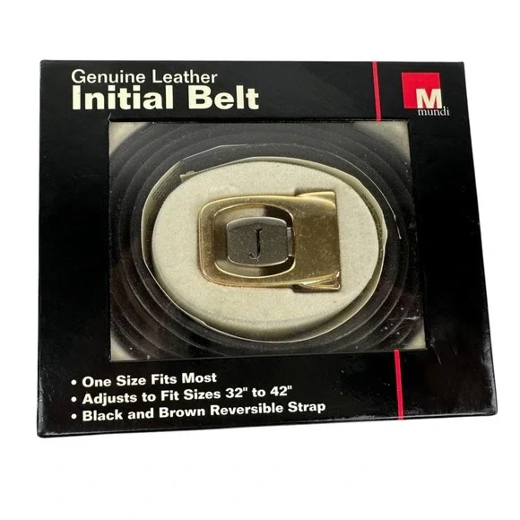 Mundi Leather Initial Belt Letter J Black & Brown Reversible Strap Size 32-42