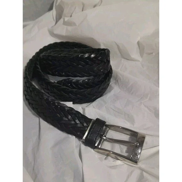 Torino Italian Leather Woven Braided Belt Cord Black, Brass Buckle , 40 Inch