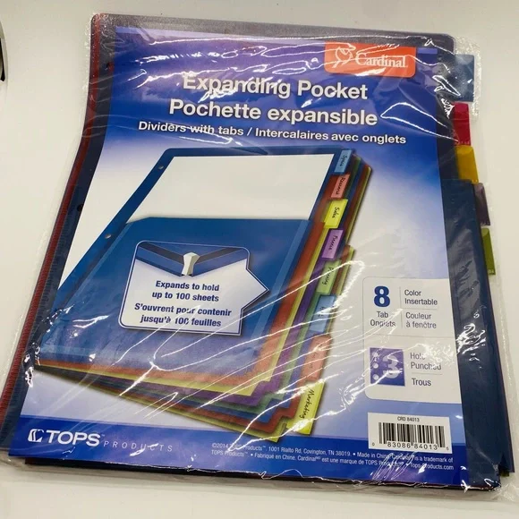 NWT Cardinal Expanding Pocket Dividers with Tabs. 8 tabs. 3 hole punched.