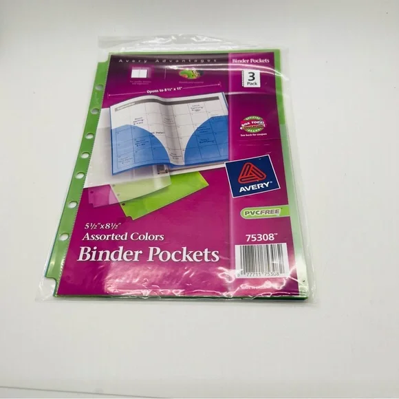 NWT AVERY® FOLD-OUT BINDER POCKETS, 5-1/2 X 8-1/2, ASSORTED, 3/PACK