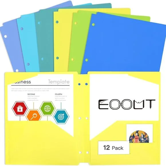 3 Hole Punch Plastic Pocket Folders 12 Count