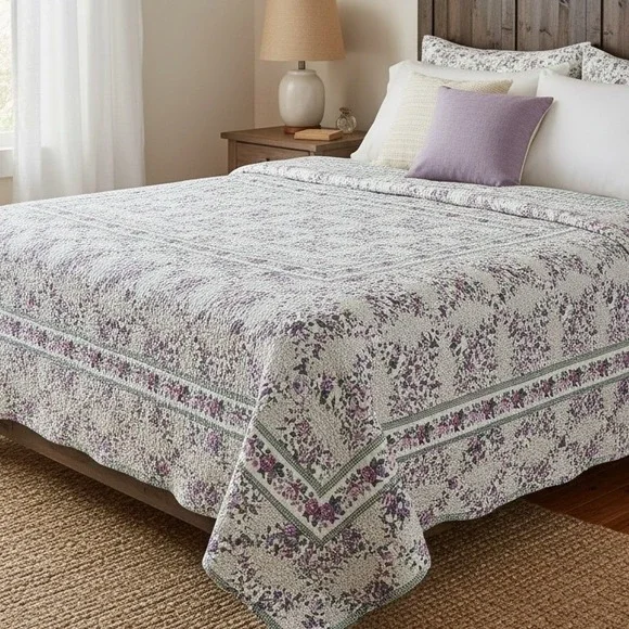 Vintage Purple‎ & Green Floral Country Farmhouse Cottage Patchwork Quilt Full
