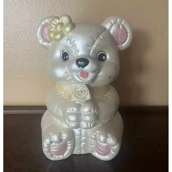 Vintage Teddy Bear Piggy Bank Ceramic Nursery Decor Baby Room Coin Bank