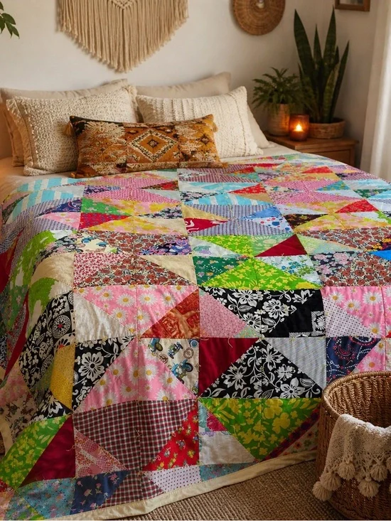 Oversized Vintage Quilt 105x100 Boho Patchwork Floral Hand Tied