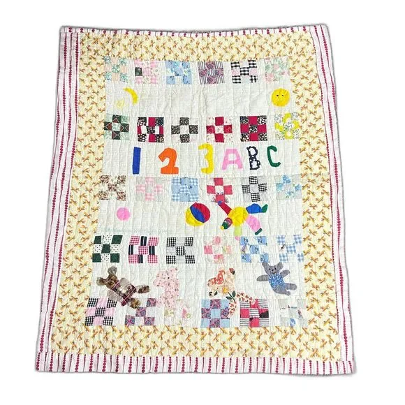 Vintage 90s Handmade Hand-quilted Applique Colorful Baby/Child Crib Quilt