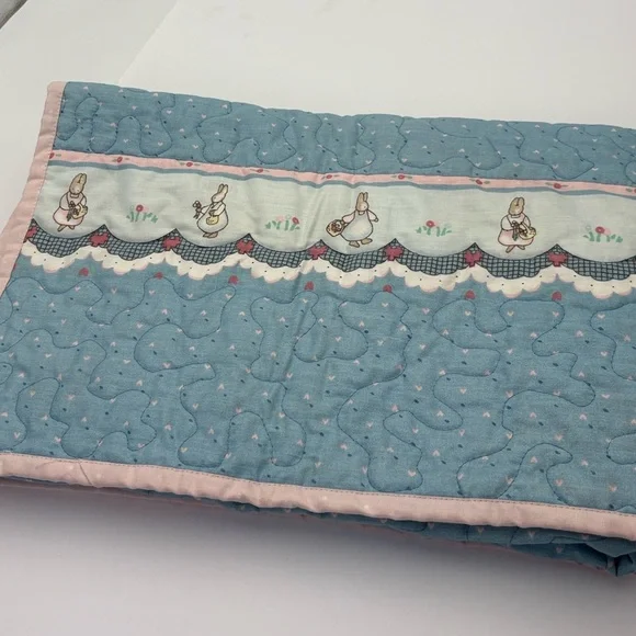 Adorable Pink and Baby Blue Quilted Bunny Trim Baby Blanket