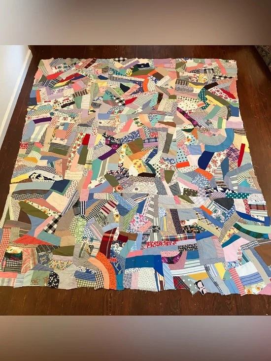 VTG Handmade Hand Pieced Stitched Scrap Crazy 72 x 88 Quilt Top Farmhouse