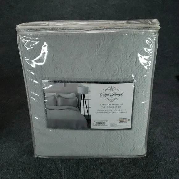 Royal Borough‎ Twin Coverlet Set 2-Piece Matelasse 100% Cotton Grey Oeko-Tex