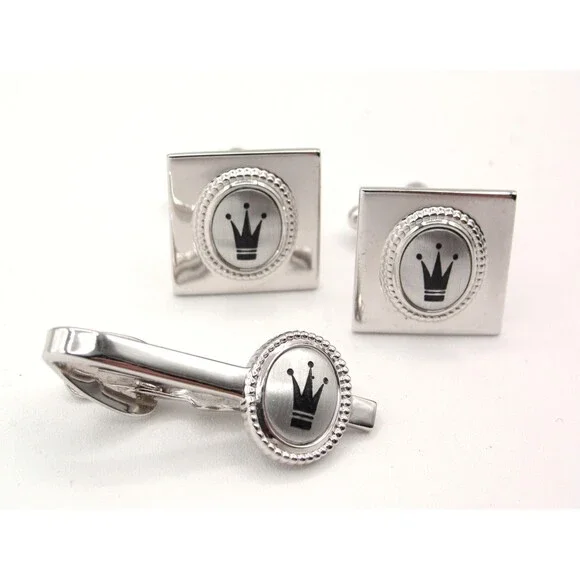 Vintage Royal Crown Cufflinks Tie Bar Set Silver Tone MCM Heraldic Dapper Regal