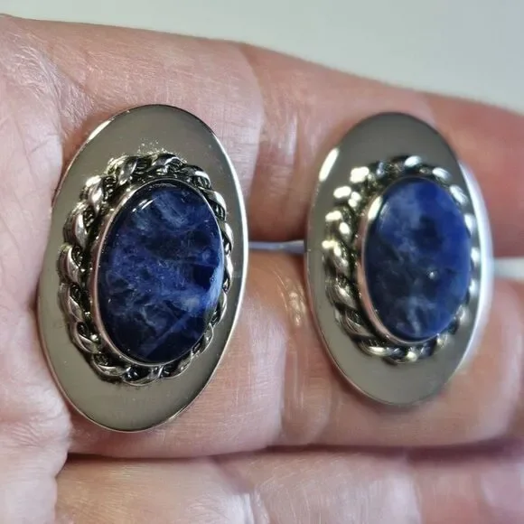 Silver Tone Oval Blue Sodalite Vintage Cufflinks