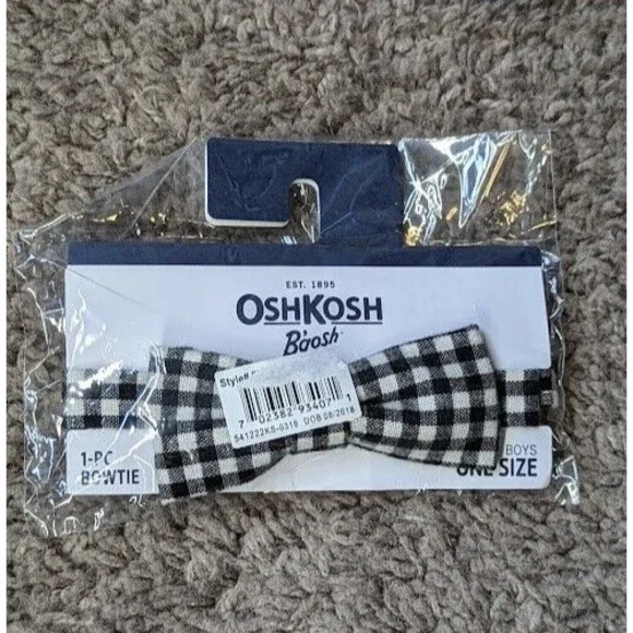 NWT OshKosh BGosh Bowtie Boys One Size Plaid Black White Adjustable