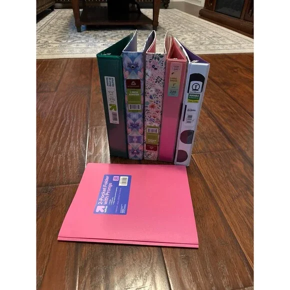 6 Piece Binder & Folder Bundle – 5 Three-Ring Binders + Pink Folder w/ Prongs