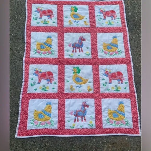 Handmade Vintage Appliqué Baby Quilt with Farm Animals - Yellow, Red, Blue