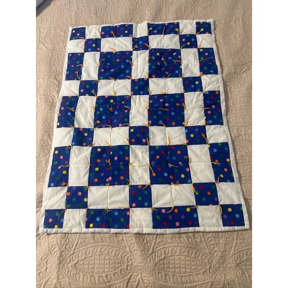 Handmade Patchwork Baby Quilt Blue Polka Dot Hand Tied Nursery Blanket 26x34