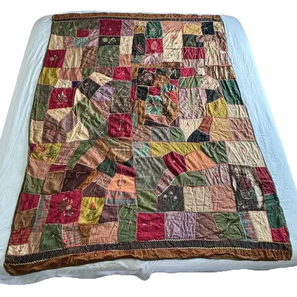 Antique 1890s Tattered Crazy Quilt Hand Pieced Embroidered 60