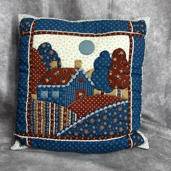 15x15 Cottagecore Quilted Throw Pillow Country Floral Scene Grannycore