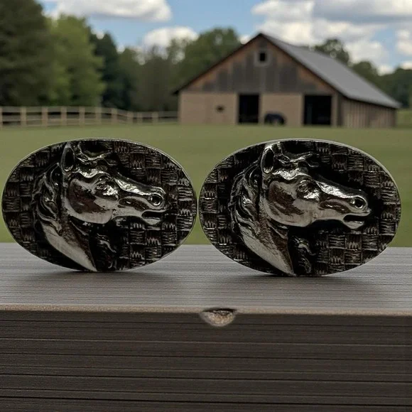 Horse Mustang Cufflinks Vintage Silver Tone‎ Oval Bullet Back Textured Stallion