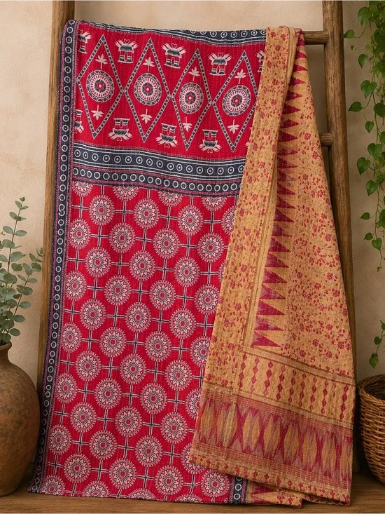 Vintage Handmade Printed Kantha Quilt India Sari Throw Blanket Twin 52x80