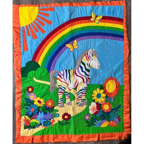 Vintage Handmade Baby quilt Zebra Rainbows lap quilt crib bright colors
