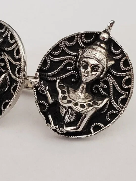Vintage SWANK Hindu Deity Goddess Asian Cuff Links Large Oval Silver Tone